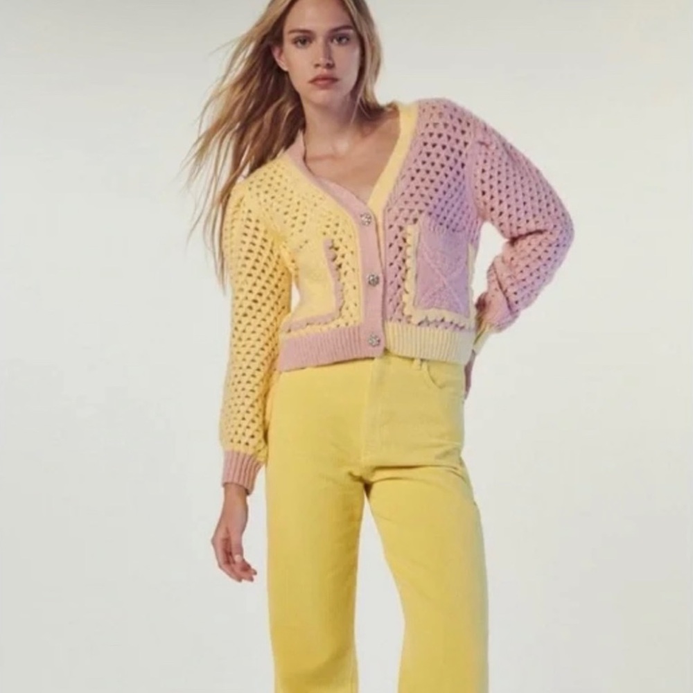 Zara Pastel Yellow and Pink Crochet Cardigan - Picture 2 of 16